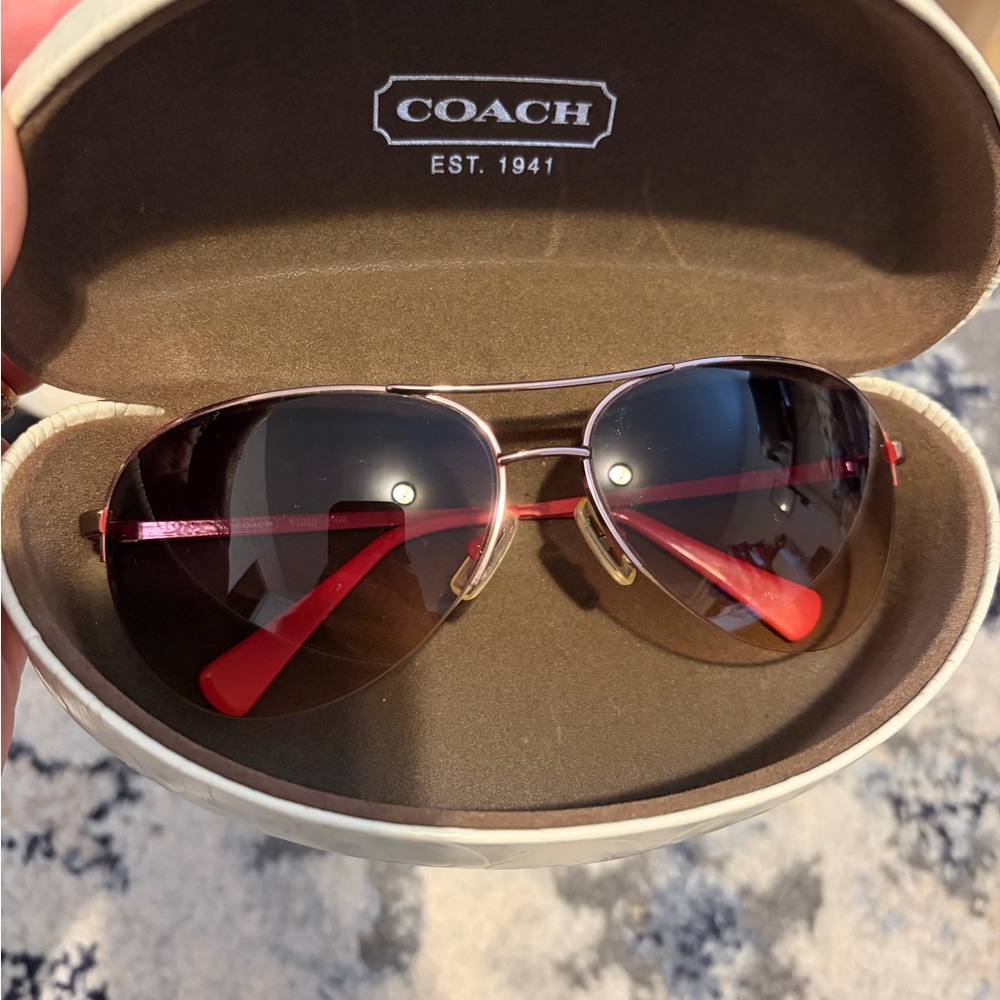 Coach Aviator Sunglasses with Brown Gradient Lenses and Red Temples